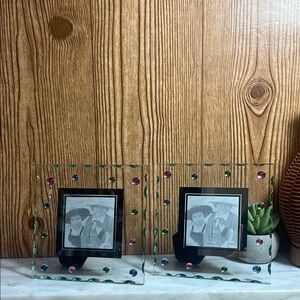 Decorative Glass Photo Frame with Multicolor Accents Beveled Edges holds a 3x3